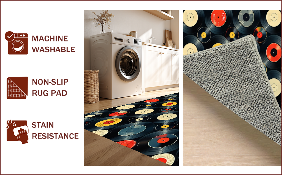 Ultra Soft Area Rug, Non Slip, Stain Resistant, Washable Area Rugs for Living Room, Bedroom, Retro Music Theme Non-Slip Bath Decor(Red) - ODIKA
