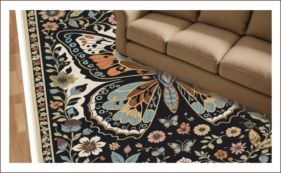 Ultra Soft Area Rug, Non Slip, Stain Resistant, Washable Area Rugs for Living Room, Bedroom, Boho Insect Print Non-Slip Playroom(Black) - ODIKA