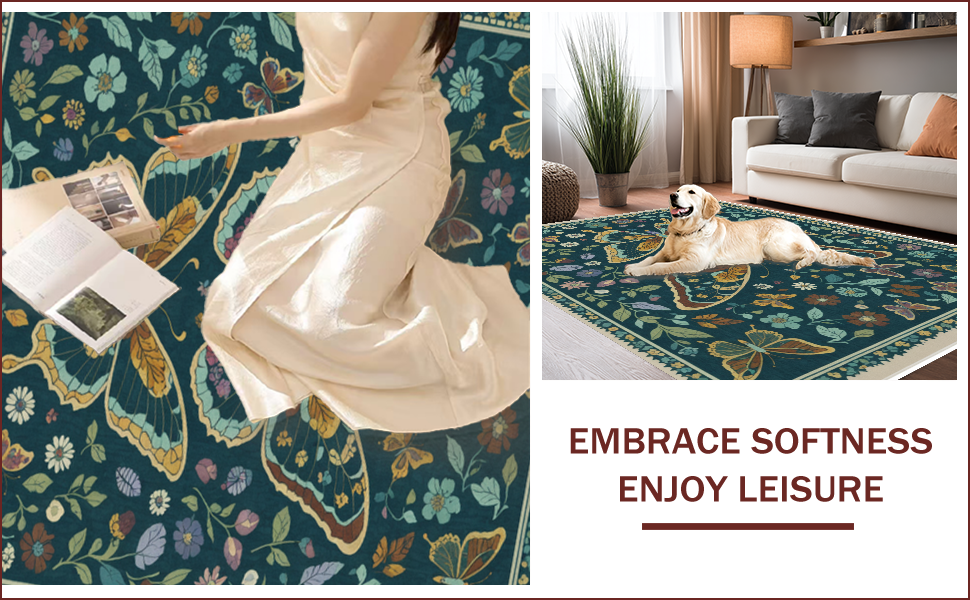 Ultra Soft Area Rug, Non Slip, Stain Resistant, Washable Area Rugs for Living Room, Bedroom, Butterfly Insect Print(Green) - ODIKA