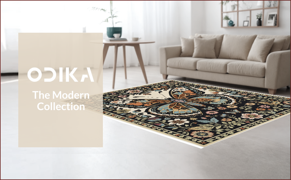 Ultra Soft Area Rug, Non Slip, Stain Resistant, Washable Area Rugs for Living Room, Bedroom, Boho Insect Print Non-Slip Playroom(Black) - ODIKA
