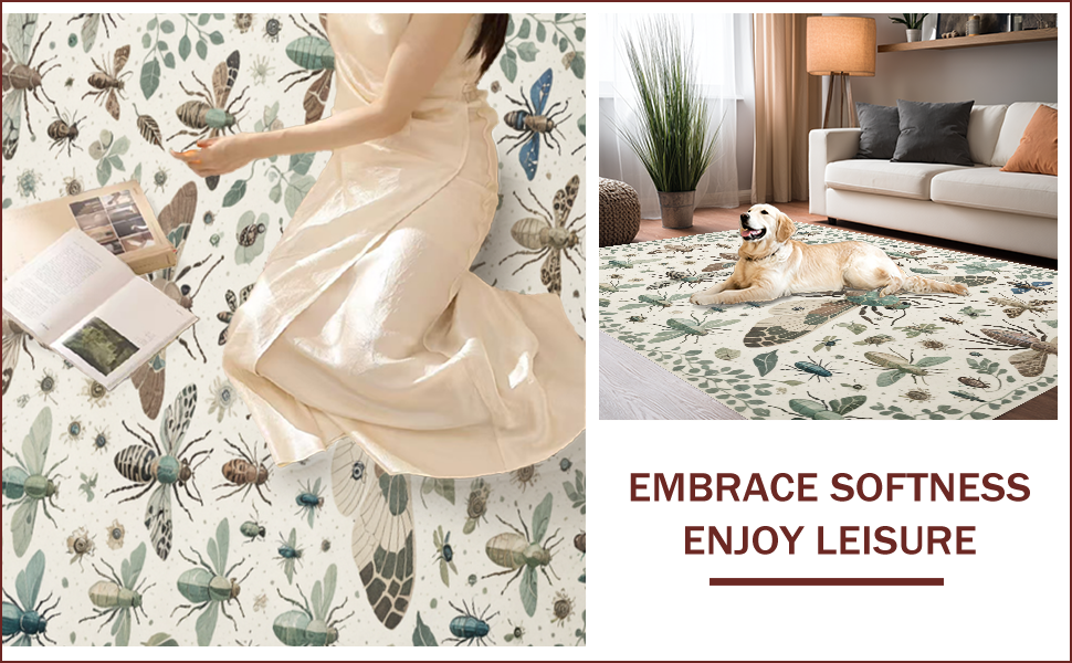 Ultra Soft Area Rug, Non Slip, Stain Resistant, Washable Area Rugs for Living Room, Bedroom, Modern Insect Print Stain Resistant Rug(Ivory) - ODIKA