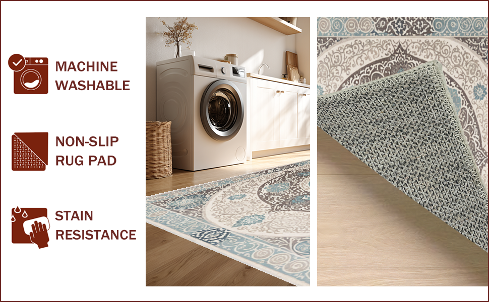 Ultra Soft Area Rug, Non Slip, Stain Resistant, Washable Area Rugs for Living Room, Bedroom, Boho Transitional Damask(Beige) - ODIKA
