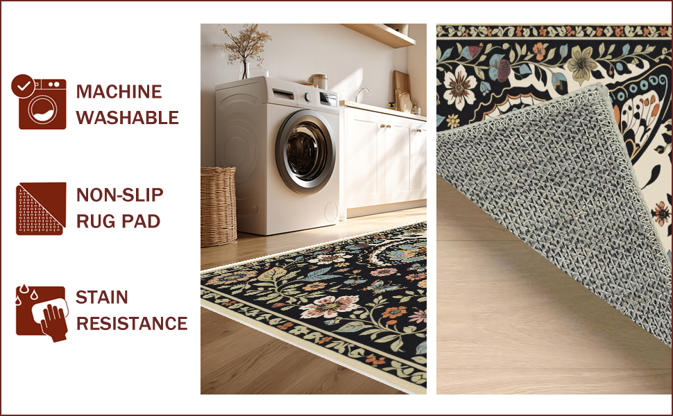 Ultra Soft Area Rug, Non Slip, Stain Resistant, Washable Area Rugs for Living Room, Bedroom, Boho Insect Print Non-Slip Playroom(Black) - ODIKA