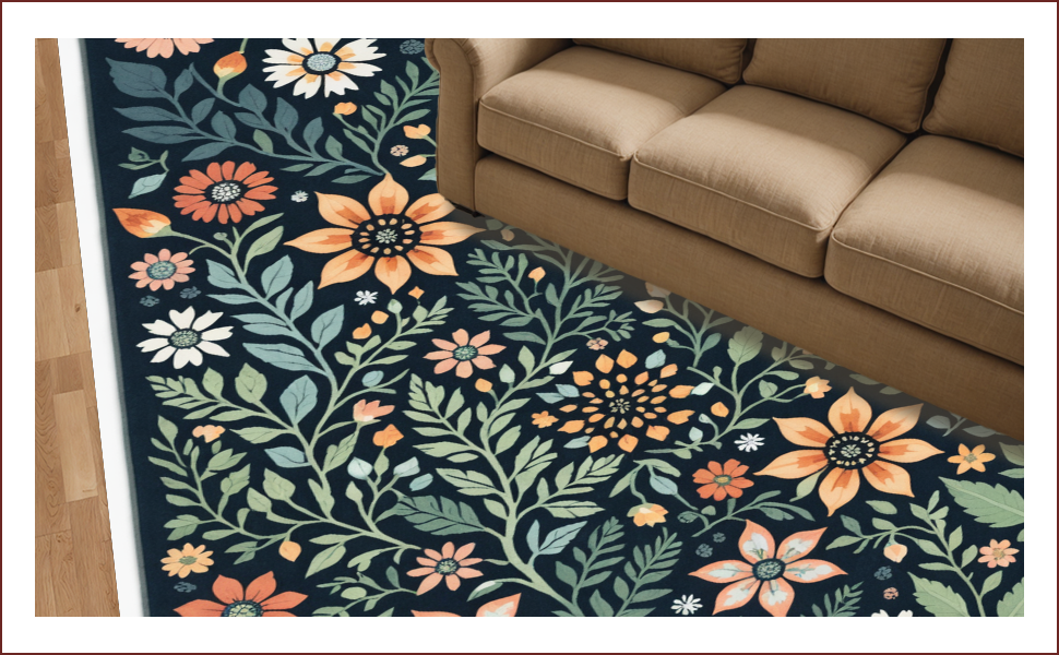 Ultra Soft Area Rug, Non Slip, Stain Resistant, Washable Area Rugs for Living Room, Bedroom, Boho Botanical Non-Slip Dining Room(Black) - ODIKA