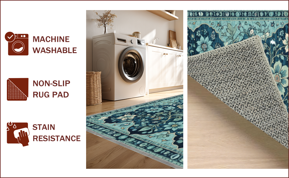 Ultra Soft Area Rug, Non Slip, Stain Resistant, Washable Area Rugs for Living Room, Bedroom, Vintage Floral Non-Slip Living Room(Blue) - ODIKA