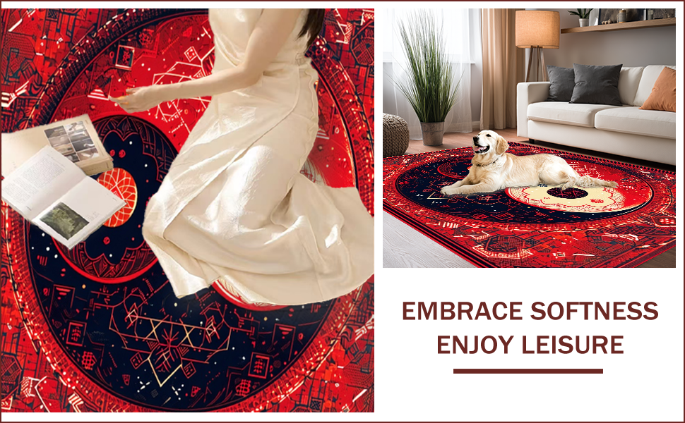 Ultra Soft Area Rug, Non Slip, Stain Resistant, Washable Area Rugs for Living Room, Bedroom, Soft Non-Slip Yin Yang Meditation Rug(Red) - ODIKA