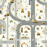 Machine Washable Rug with Cream Gray Road Map and Construction Vehicle Art(Beige)