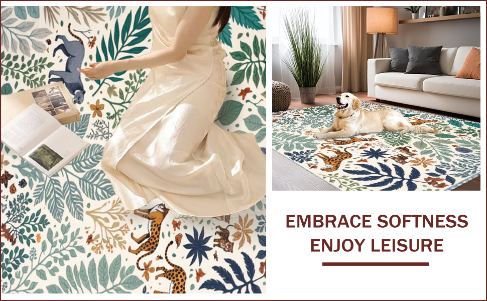 Ultra Soft Area Rug, Non Slip, Stain Resistant, Washable Area Rugs for Living Room, Bedroom, Soft Modern Jungle Print Nursery Rug(Ivory) - ODIKA