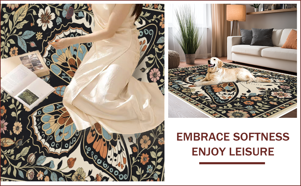 Ultra Soft Area Rug, Non Slip, Stain Resistant, Washable Area Rugs for Living Room, Bedroom, Boho Insect Print Non-Slip Playroom(Black) - ODIKA