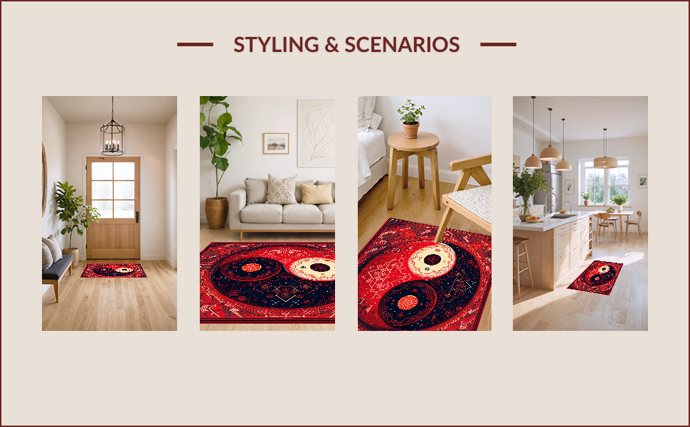 Ultra Soft Area Rug, Non Slip, Stain Resistant, Washable Area Rugs for Living Room, Bedroom, Soft Non-Slip Yin Yang Meditation Rug(Red) - ODIKA