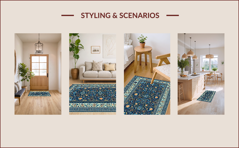 Ultra Soft Area Rug, Non Slip, Stain Resistant, Washable Area Rugs for Living Room, Bedroom, Vintage Boho Oriental Jungle(Blue) - ODIKA