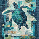 Marine Life Mosaic Featuring Blue Turtle and Coral Reef Artistic Motif(Blue)