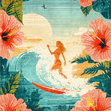 Tropical Hibiscus Surfboard Artwork Area with Retro Silhouette Design(Red)