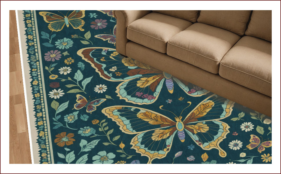Ultra Soft Area Rug, Non Slip, Stain Resistant, Washable Area Rugs for Living Room, Bedroom, Butterfly Insect Print(Green) - ODIKA