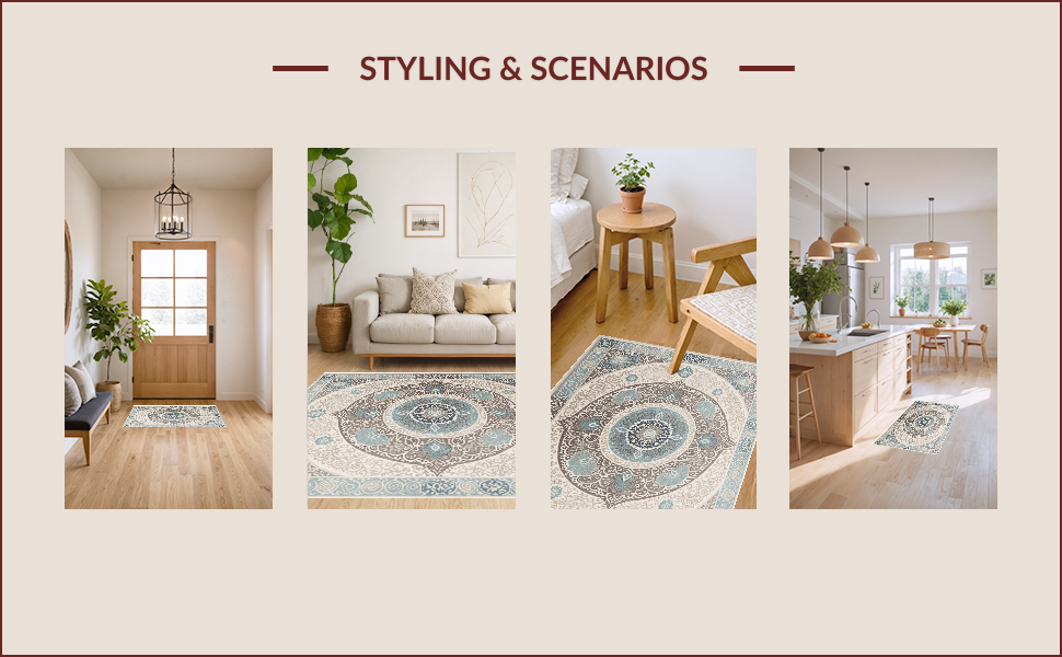 Ultra Soft Area Rug, Non Slip, Stain Resistant, Washable Area Rugs for Living Room, Bedroom, Boho Transitional Damask(Beige) - ODIKA