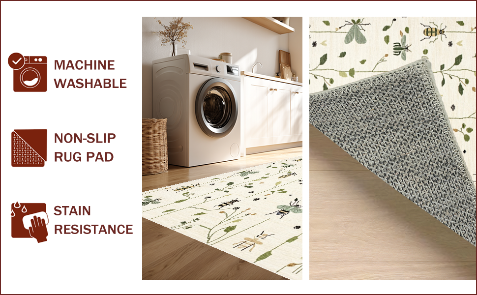 Ultra Soft Area Rug, Non Slip, Stain Resistant, Washable Area Rugs for Living Room, Bedroom, Insect Print Low Pile(Ivory) - ODIKA