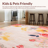 Soft Playroom Carpet Pink Watercolor Floral Blooms Non Shedding(Ivory)