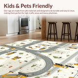 Machine Washable Rug with Cream Gray Road Map and Construction Vehicle Art(Beige)