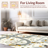 Machine Washable Rug with Cream Gray Road Map and Construction Vehicle Art(Beige)