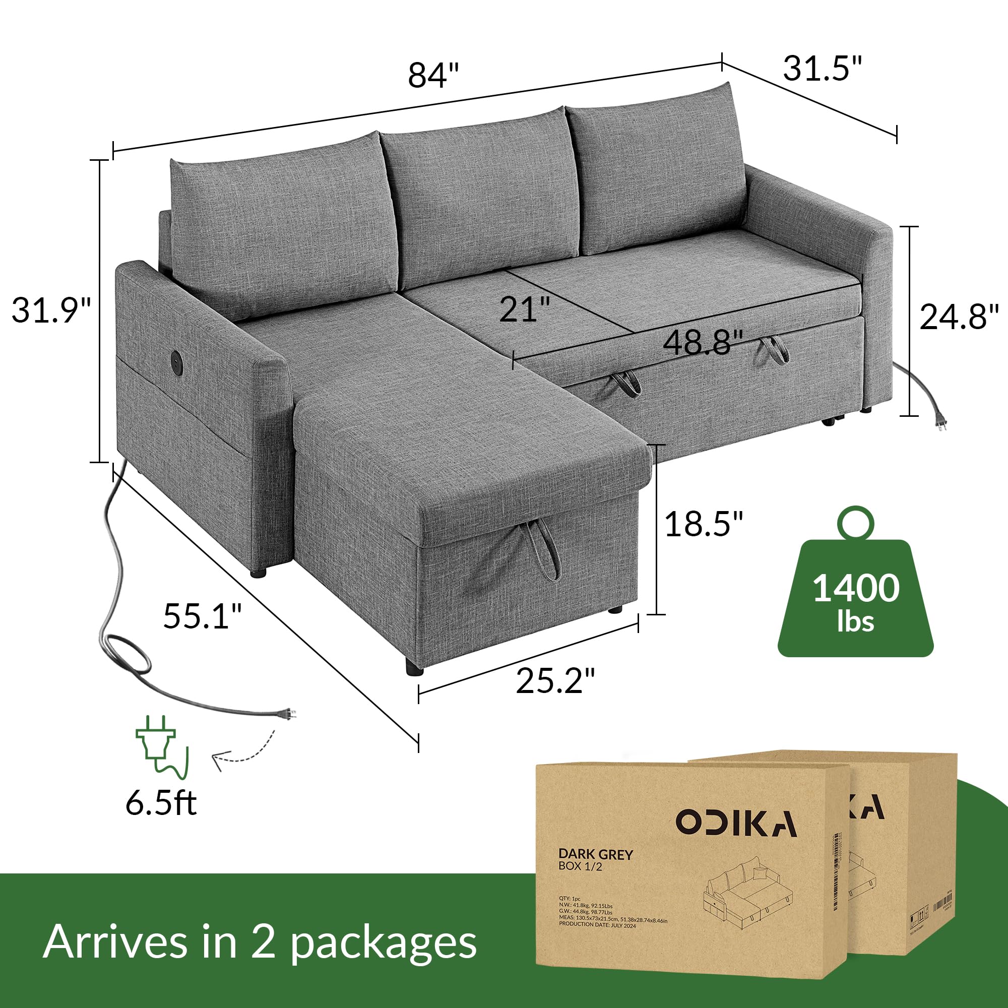 ODIKA Sleeper Sofa Additional Chaise – Chaise for Upgrading Your Existing L - ODIKA