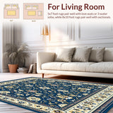 Charming Floral Area with Deep Blue and Beige Motifs(Blue)