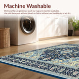 Coastal Floral Medallion Area Navy Beige Easy Care(Blue)