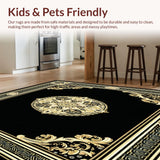 Machine Washable Area Rug Black Gold Medallion Rug(Black)