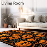 Spooky Pumpkin Patch Area Rug with Gothic Skull Accents and Halloween Vibes(Orange)