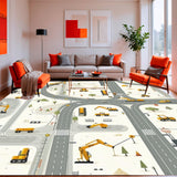 Machine Washable Rug with Cream Gray Road Map and Construction Vehicle Art(Beige)