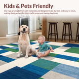 Abstract Geometric Area with Blue Green and Beige Patchwork Plaid Motif(Blue)