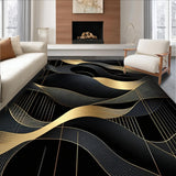 Modern Abstract Area Rug Featuring Black and Gold Geometric Waves(Black)