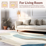 Modern Wavy Abstract Area Featuring Beige Cream and Muted Blue Swirls(Beige)