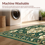 Intricate Floral Area with Geometric Design in Rich Green and Gold(Green)