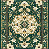 Intricate Floral Area with Geometric Design in Rich Green and Gold(Green)