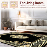 Machine Washable Area Rug Black Gold Medallion Rug(Black)