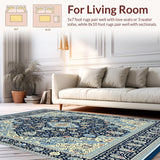 Coastal Floral Medallion Area Navy Beige Easy Care(Blue)