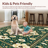 Intricate Floral Area with Geometric Design in Rich Green and Gold(Green)