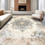 Artisan Medallion Area with a Distressed Symmetrical Boho Design(Beige)