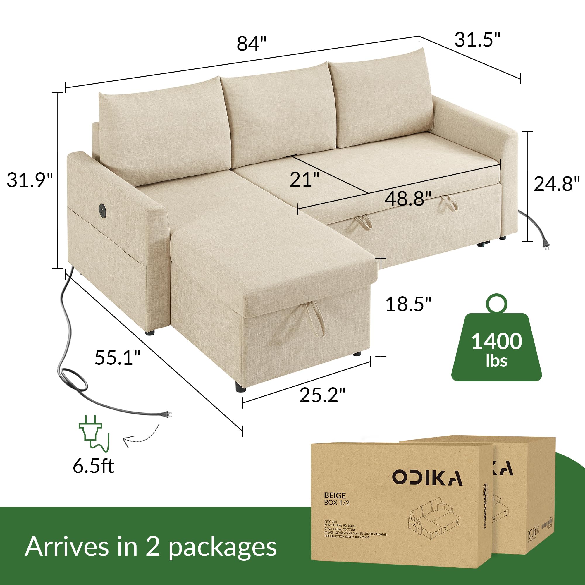 ODIKA Sleeper Sofa Additional Chaise – Chaise for Upgrading Your Existing L - ODIKA
