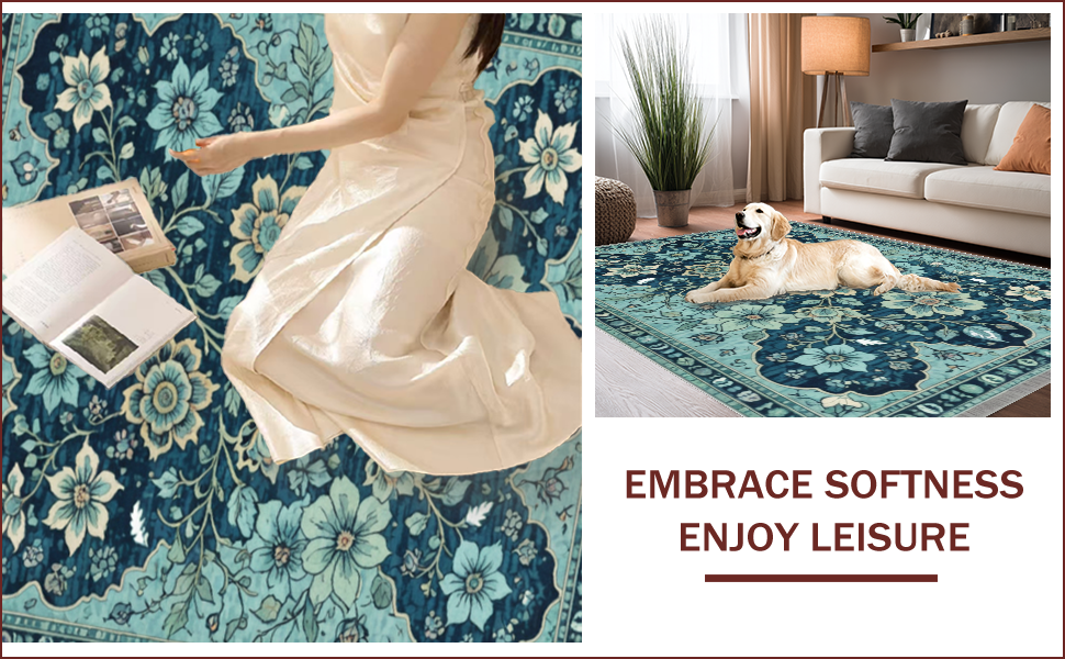 Ultra Soft Area Rug, Non Slip, Stain Resistant, Washable Area Rugs for Living Room, Bedroom, Vintage Floral Non-Slip Living Room(Blue) - ODIKA