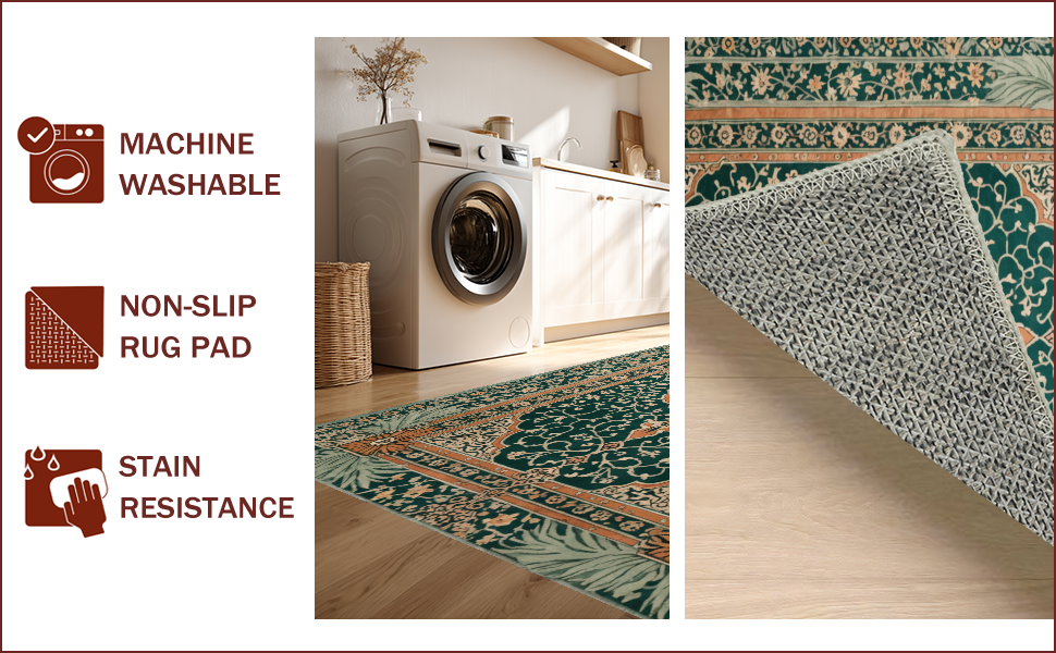 Ultra Soft Area Rug, Non Slip, Stain Resistant, Washable Area Rugs for Living Room, Bedroom, Boho Vintage Soft Non-Slip Living Room(Green) - ODIKA