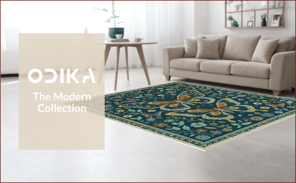 Ultra Soft Area Rug, Non Slip, Stain Resistant, Washable Area Rugs for Living Room, Bedroom, Butterfly Insect Print(Green) - ODIKA
