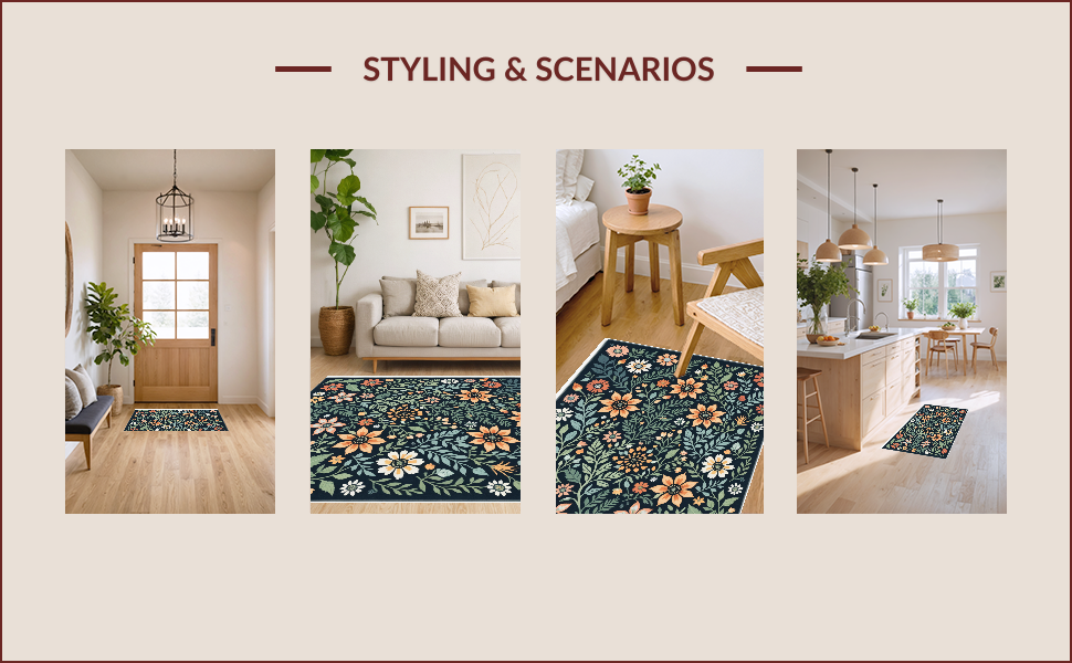 Ultra Soft Area Rug, Non Slip, Stain Resistant, Washable Area Rugs for Living Room, Bedroom, Boho Botanical Non-Slip Dining Room(Black) - ODIKA