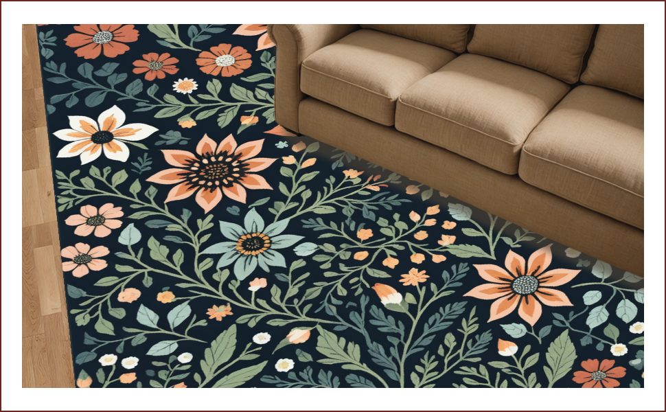 Ultra Soft Area Rug, Non Slip, Stain Resistant, Washable Area Rugs for Living Room, Bedroom, Boho Botanical Non-Slip Living Room(Black) - ODIKA