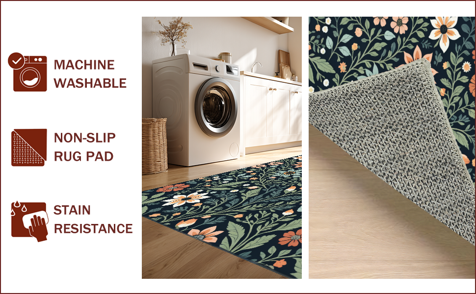 Ultra Soft Area Rug, Non Slip, Stain Resistant, Washable Area Rugs for Living Room, Bedroom, Boho Botanical Non-Slip Living Room(Black) - ODIKA