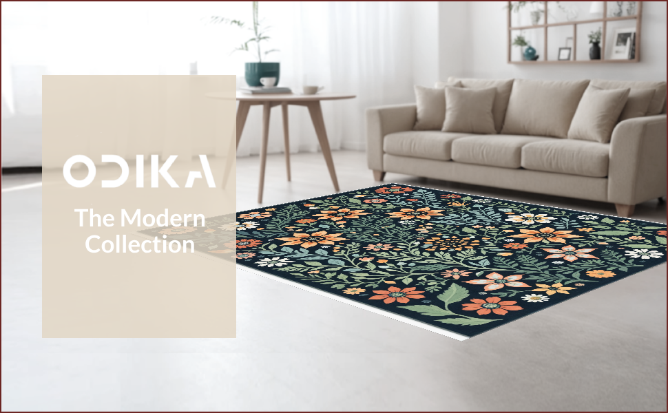 Ultra Soft Area Rug, Non Slip, Stain Resistant, Washable Area Rugs for Living Room, Bedroom, Boho Botanical Non-Slip Dining Room(Black) - ODIKA