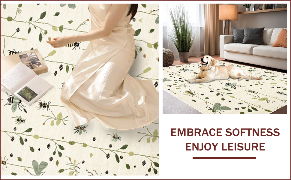 Ultra Soft Area Rug, Non Slip, Stain Resistant, Washable Area Rugs for Living Room, Bedroom, Insect Print Low Pile(Ivory) - ODIKA