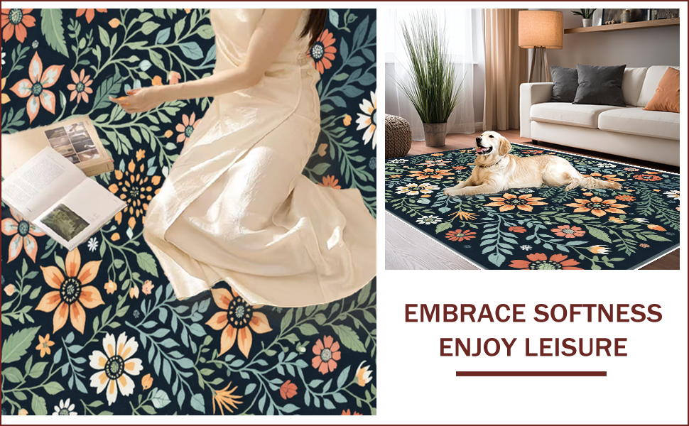 Ultra Soft Area Rug, Non Slip, Stain Resistant, Washable Area Rugs for Living Room, Bedroom, Boho Botanical Non-Slip Dining Room(Black) - ODIKA