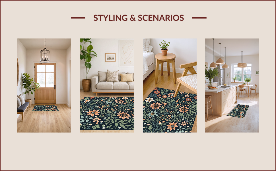 Ultra Soft Area Rug, Non Slip, Stain Resistant, Washable Area Rugs for Living Room, Bedroom, Boho Botanical Non-Slip Living Room(Black) - ODIKA