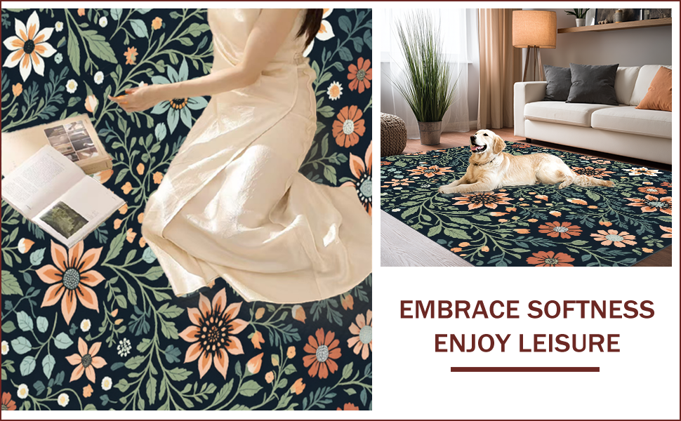 Ultra Soft Area Rug, Non Slip, Stain Resistant, Washable Area Rugs for Living Room, Bedroom, Boho Botanical Non-Slip Living Room(Black) - ODIKA